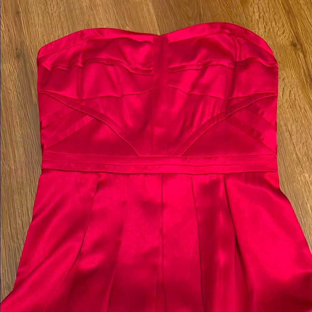 Real silk formal gown, ruby red, strapless, zipper detail, like new, size 4.